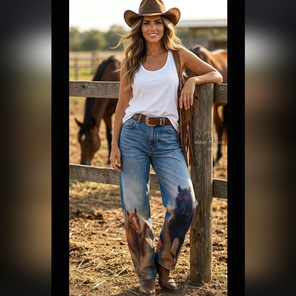 Women's Blue High Rise Horse Print Cowboy Style Jeans
